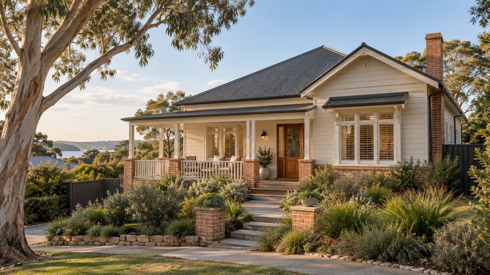 AI illustration of a welcoming Australian house with a landscaped native garden